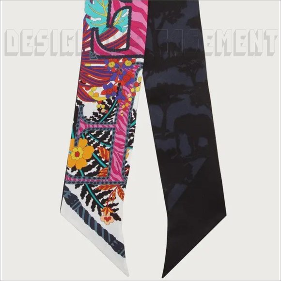 SALVATORE FERRAGAMO pink AMO Jungle 2-sided skinny TWILLY silk twill scarf +🎁 - Picture 7 of 7